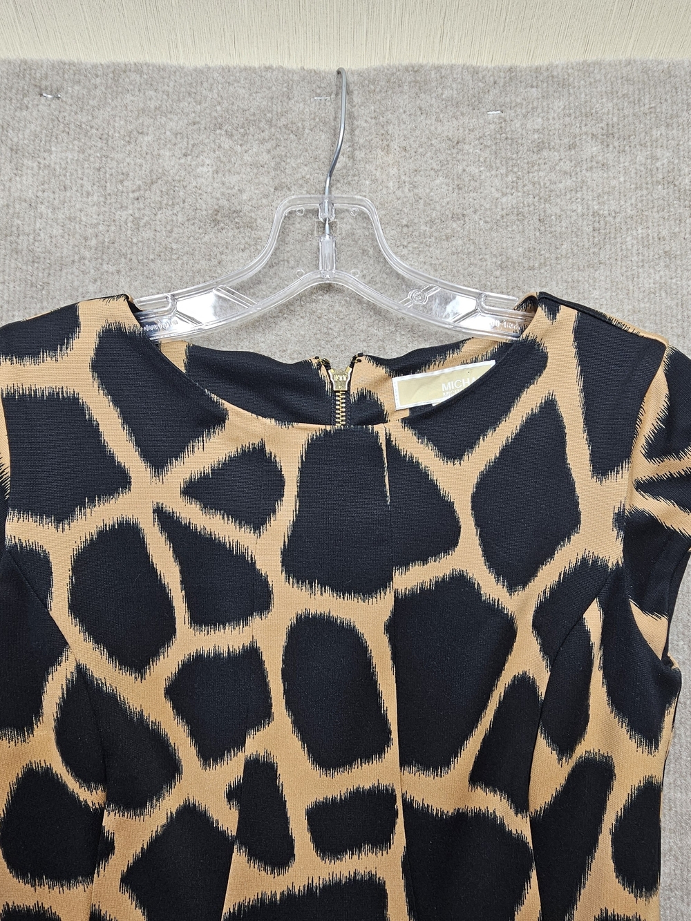 Michael Kors Fit & Flare Dress Size 0 Black Tan Giraffe Print Gold Zip - Picture 4 of 13